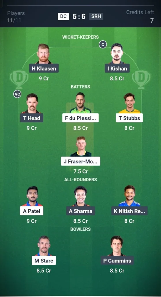 DC VS SRH Head-to-Head Team 1