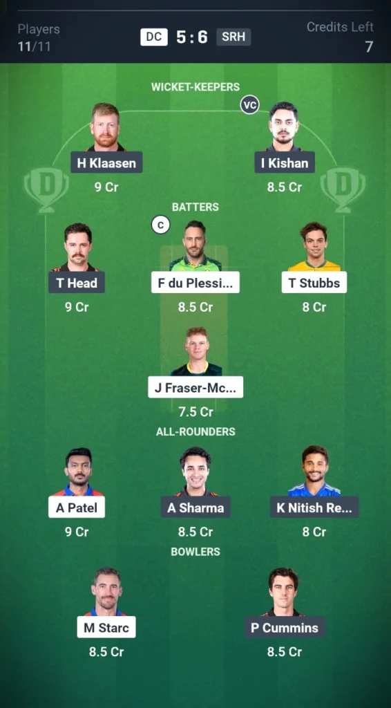 DC VS SRH Head-to-Head Team 2