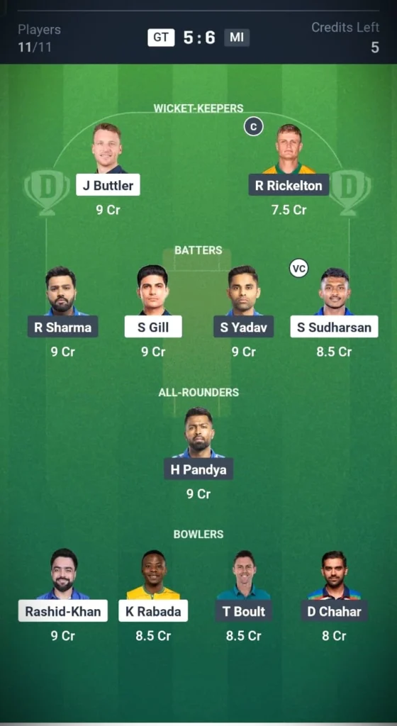 Gujarat Titans vs Mumbai Indians Head-to-Head Team 1
