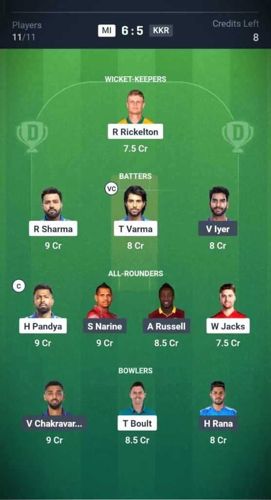 MI VS KKR Grand League Team 1