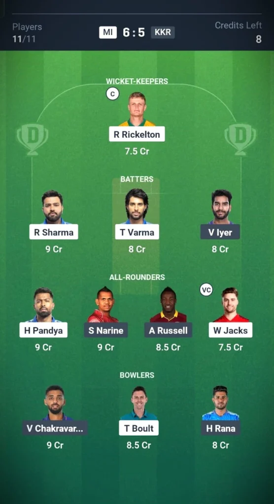 MI VS KKR Grand League Team 2
