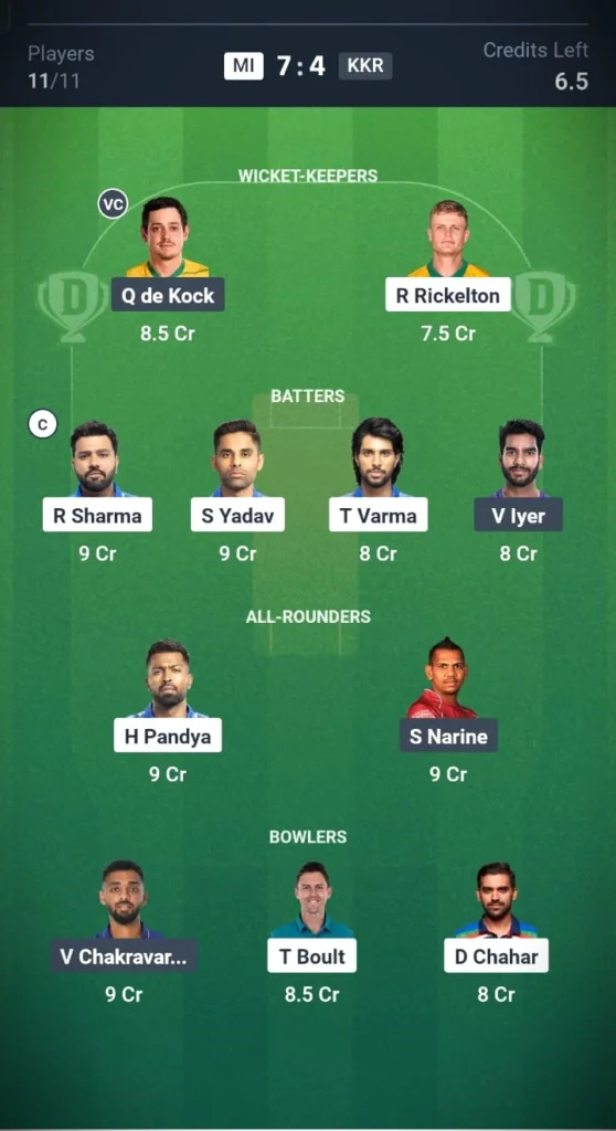 MI VS KKR Head-to-Head Team 1